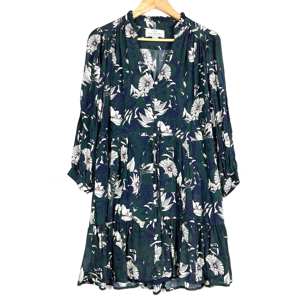 Trovata Birds of Paradis Floral Tiered Dress Green Button Front Size M